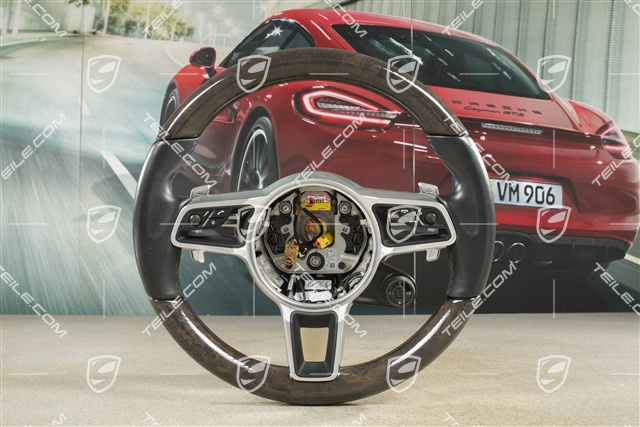 Multifunction steering wheel, 3-spoke, Sport Chrono Plus Package, Leather/Wood, Black