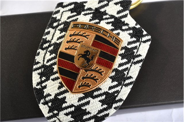 Porsche crest keyring, leather + pepita fabric black/white