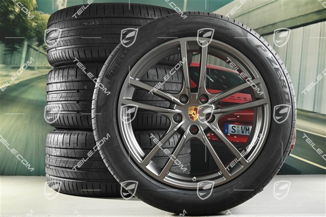 21-inch Cayenne Turbo Design summer wheel set, rims 9,5J x 21 ET46 + 11,0J x 21 ET58 + Pirelli P Zero summer tyres 285/40 R21 + 315/35 R21, with TPMS, Platinum satin mat