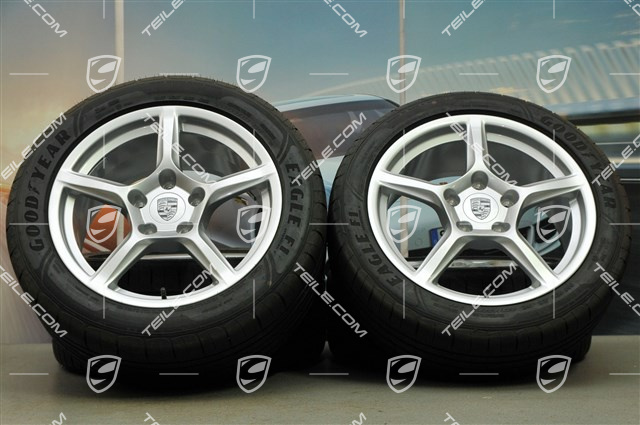 18" Boxster summer wheel set, 8J x 18 ET57 + 9J x 18 ET47 + summer tyres Goodyear Eagle F1 235/45 R18 + 265/45 R18, without TPM