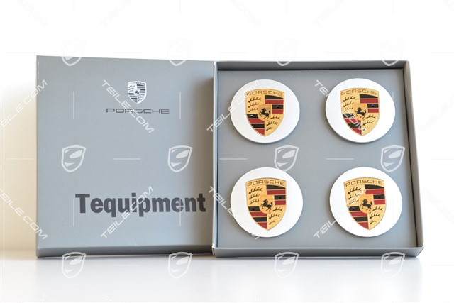 Center cap set (4 pcs.), Cayenne S, round, convex, coloured crest, silver