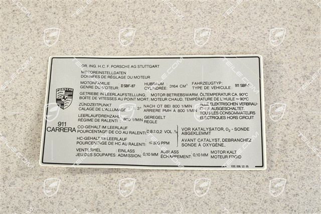 Carrera, Notice sticker Engine data, Switzerland