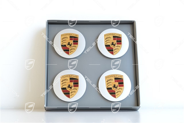 Center cap set (4 pcs.), Cayenne S, round, convex, coloured crest, silver