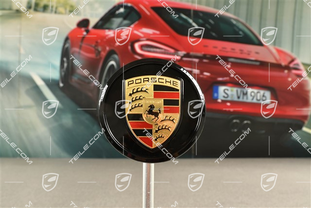 Wheel hub cap, crest coloured, Glossy black/ Glossy black outer ring